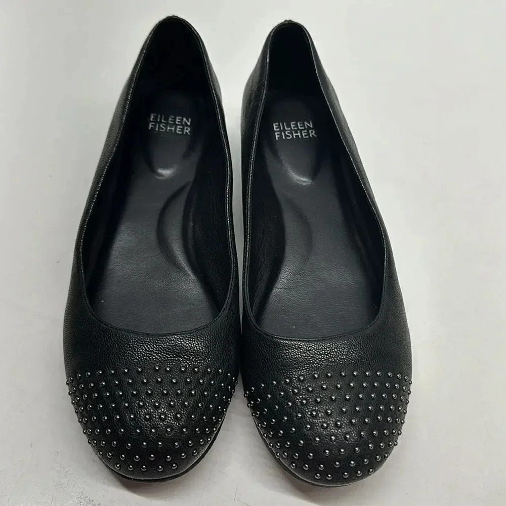 Eileen Fisher Ballet Flats Shoes Studded Round Toe Slip On Leather Black 6.5